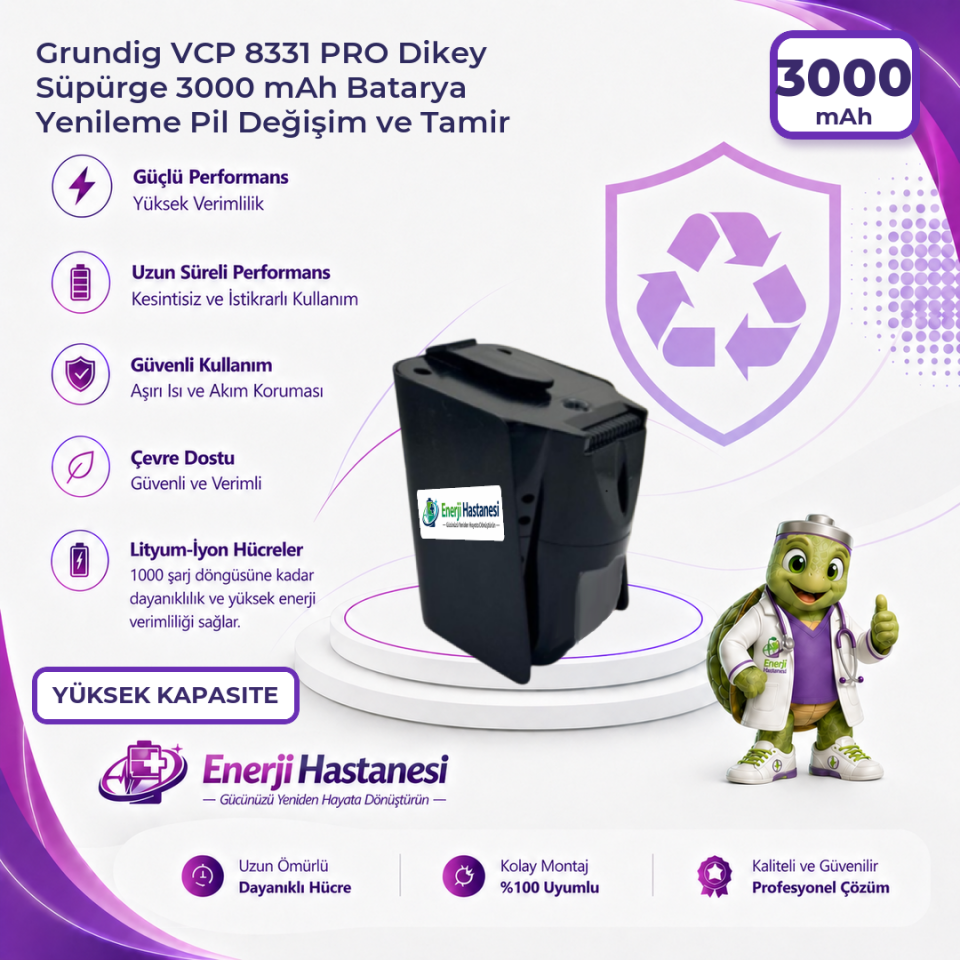 Grundig VCP 8331 PRO Dikey Süpürge 3000 mAh Batarya Yenileme Pil Değişim ve Tamir