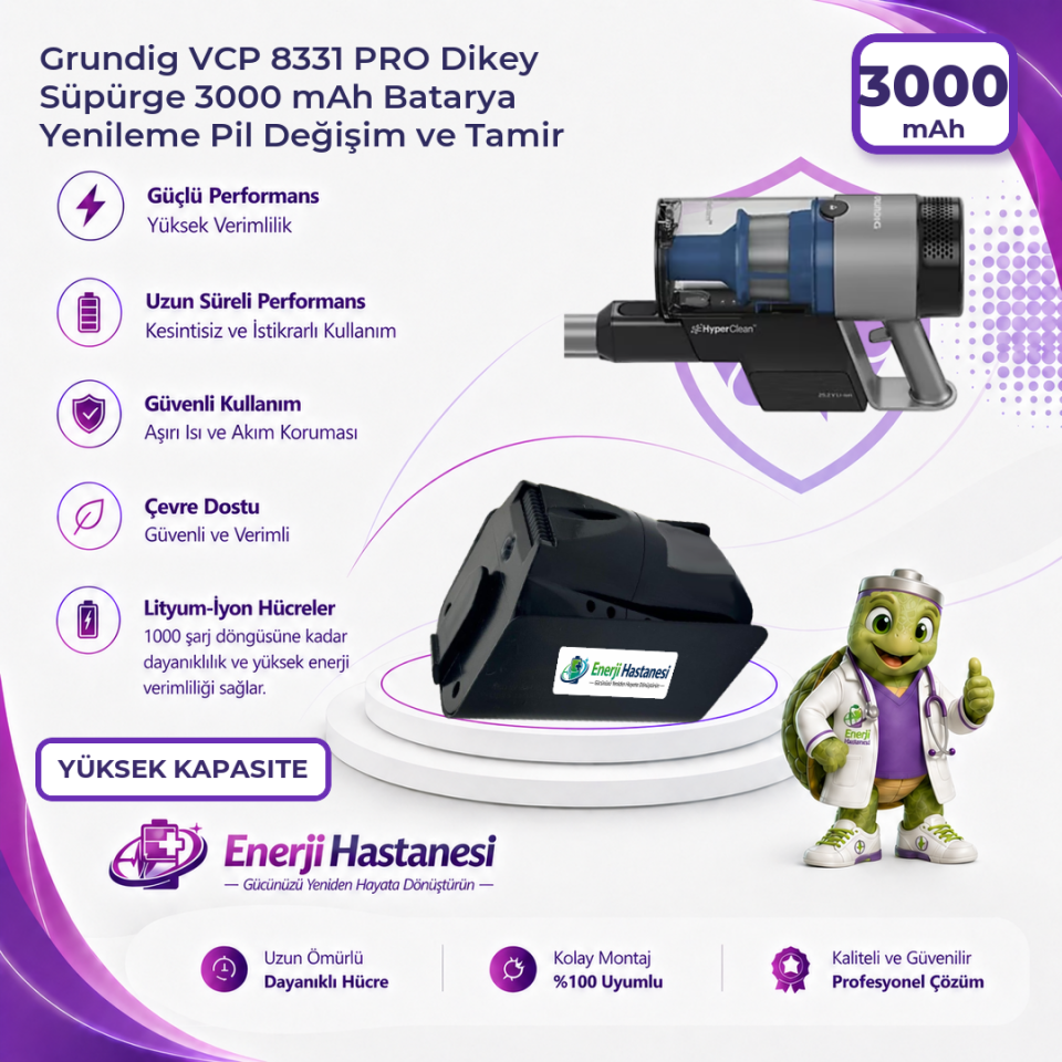 Grundig VCP 8331 PRO Dikey Süpürge 3000 mAh Batarya Yenileme Pil Değişim ve Tamir