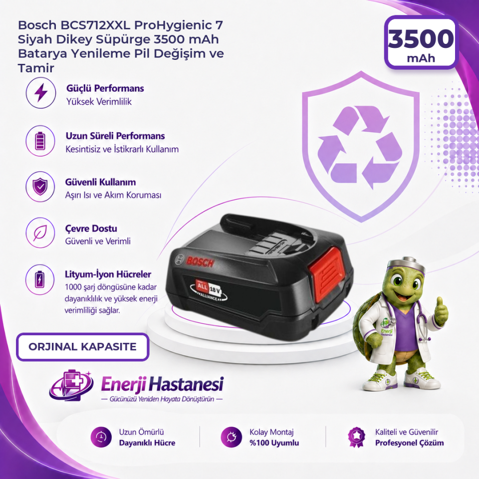 Bosch BCS712XXL ProHygienic 7 Siyah Dikey Süpürge 3500 mAh Batarya Yenileme Pil Değişim ve Tamir