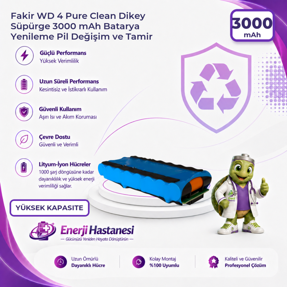 Fakir WD 4 Pure Clean Dikey Süpürge 3000 mAh Batarya Yenileme Pil Değişim ve Tamir