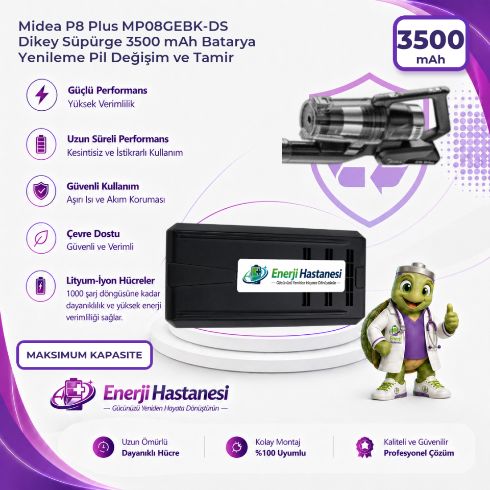 Midea P8 Plus MP08GEBK-DS Dikey Süpürge 3500 mAh Batarya Yenileme Pil Değişim ve Tamir