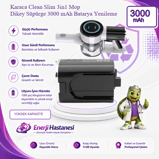 Karaca Clean Slim 3in1 Mop Dikey Süpürge 3000 mAh Batarya Yenileme