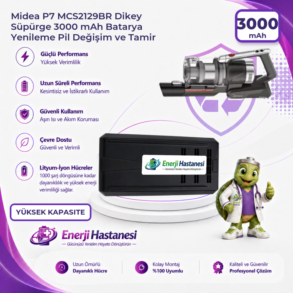 Midea P7 MCS2129BR Dikey Süpürge 3000 mAh Batarya Yenileme Pil Değişim ve Tamir