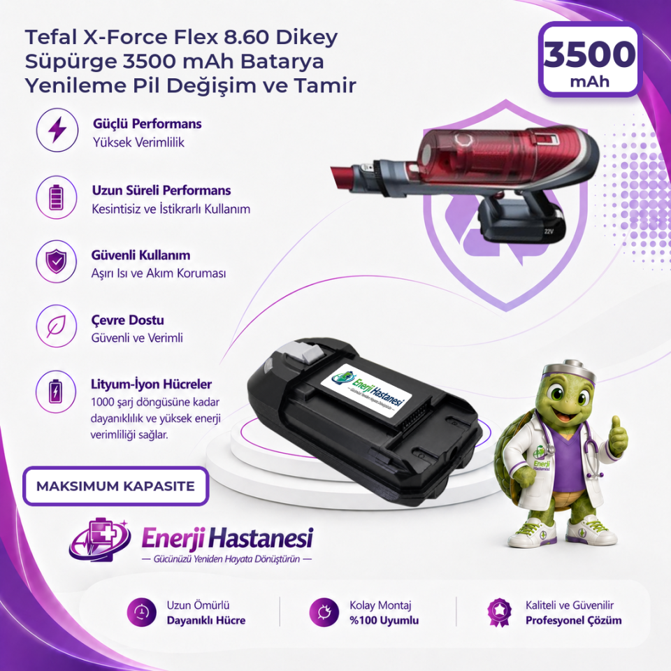 Tefal X-Force Flex 8.60 Dikey Süpürge 3500 mAh Batarya Yenileme Pil Değişim ve Tamir