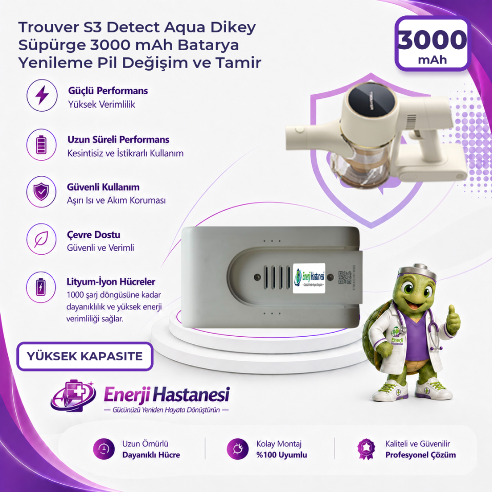 Trouver S3 Detect Aqua Dikey Süpürge 3000 mAh Batarya Yenileme Pil Değişim ve Tamir