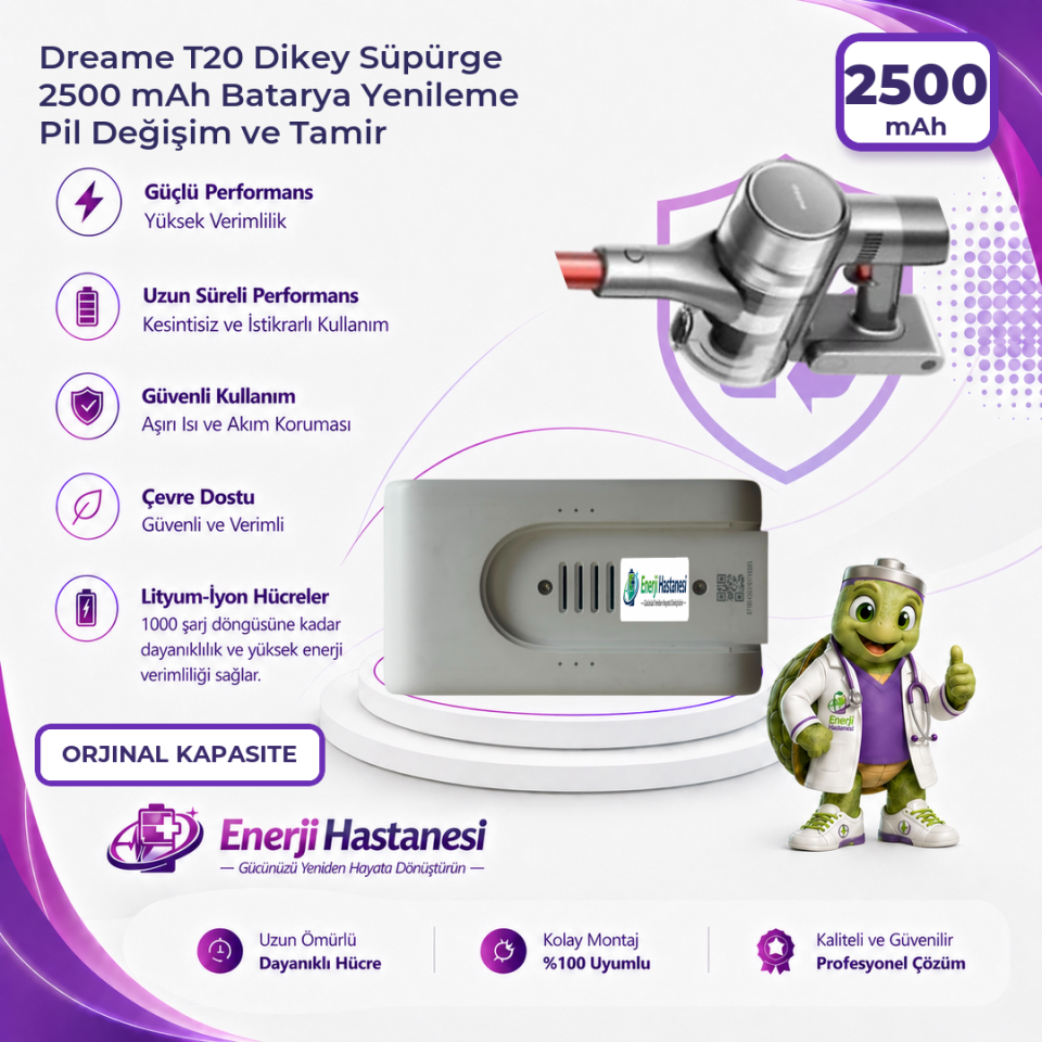 Dreame T20 Dikey Süpürge 2500 mAh Batarya Yenileme Pil Değişim ve Tamir