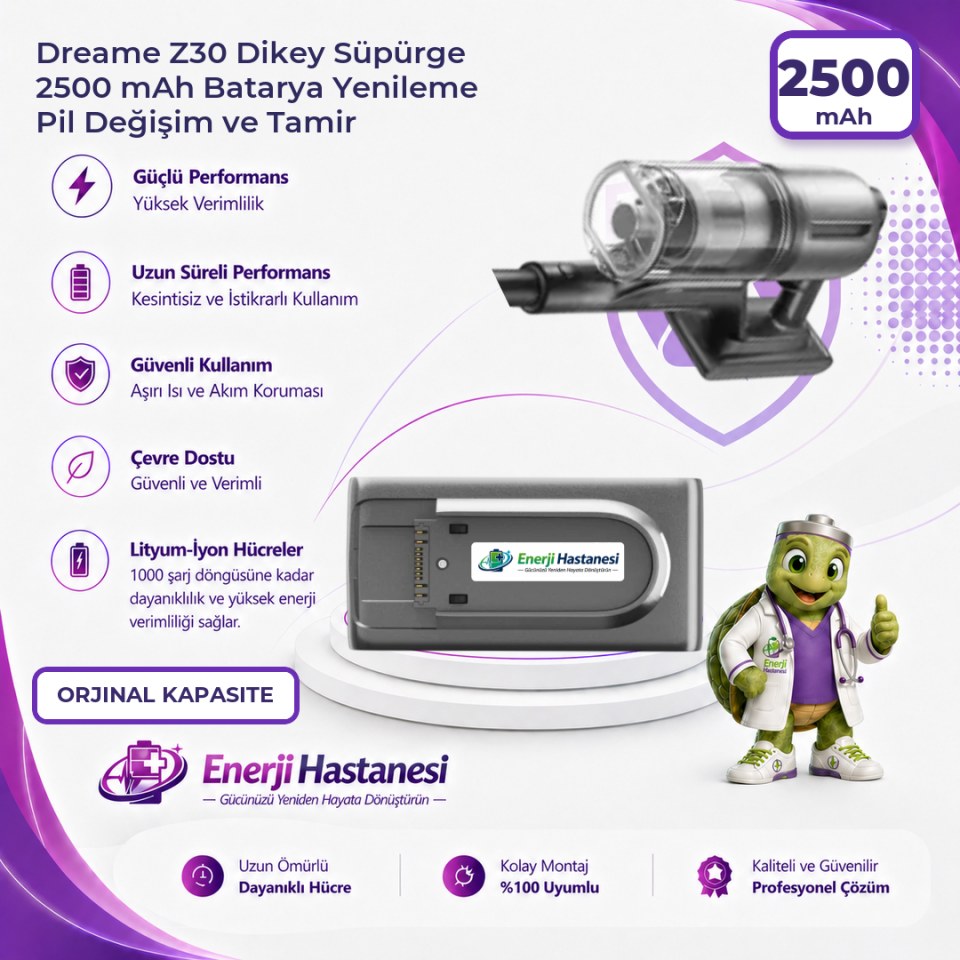 Dreame Z30 Dikey Süpürge 2500 mAh Batarya Yenileme Pil Değişim ve Tamir