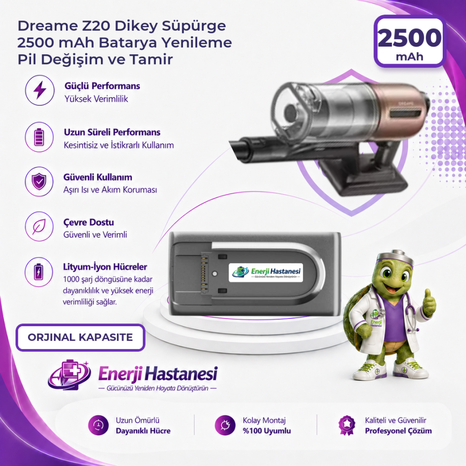 Dreame Z20 Dikey Süpürge 2500 mAh Batarya Yenileme Pil Değişim ve Tamir