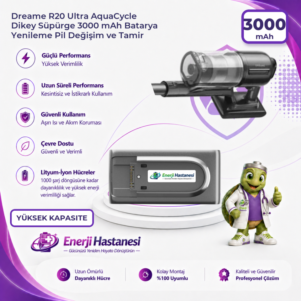 Dreame R20 Ultra AquaCycle Dikey Süpürge 3000 mAh Batarya Yenileme Pil Değişim ve Tamir