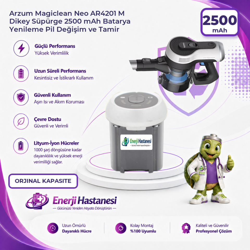Arzum Magiclean Neo AR4201 M Dikey Süpürge 2500 mAh Batarya Yenileme Pil Değişim ve Tamir