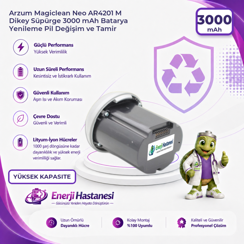 Arzum Magiclean Neo AR4201 M Dikey Süpürge 3000 mAh Batarya Yenileme Pil Değişim ve Tamir