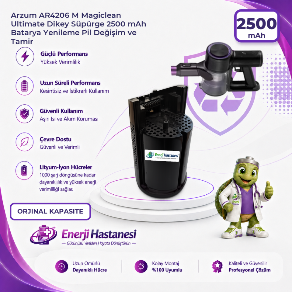 Arzum AR4206 M Magiclean Ultimate Dikey Süpürge 2500 mAh Batarya Yenileme Pil Değişim ve Tamir