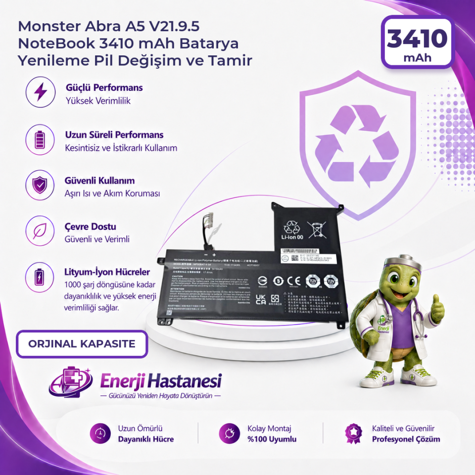 Monster Abra A5 V21.9.5 NoteBook 3410 mAh Batarya Yenileme Pil Değişim ve Tamir