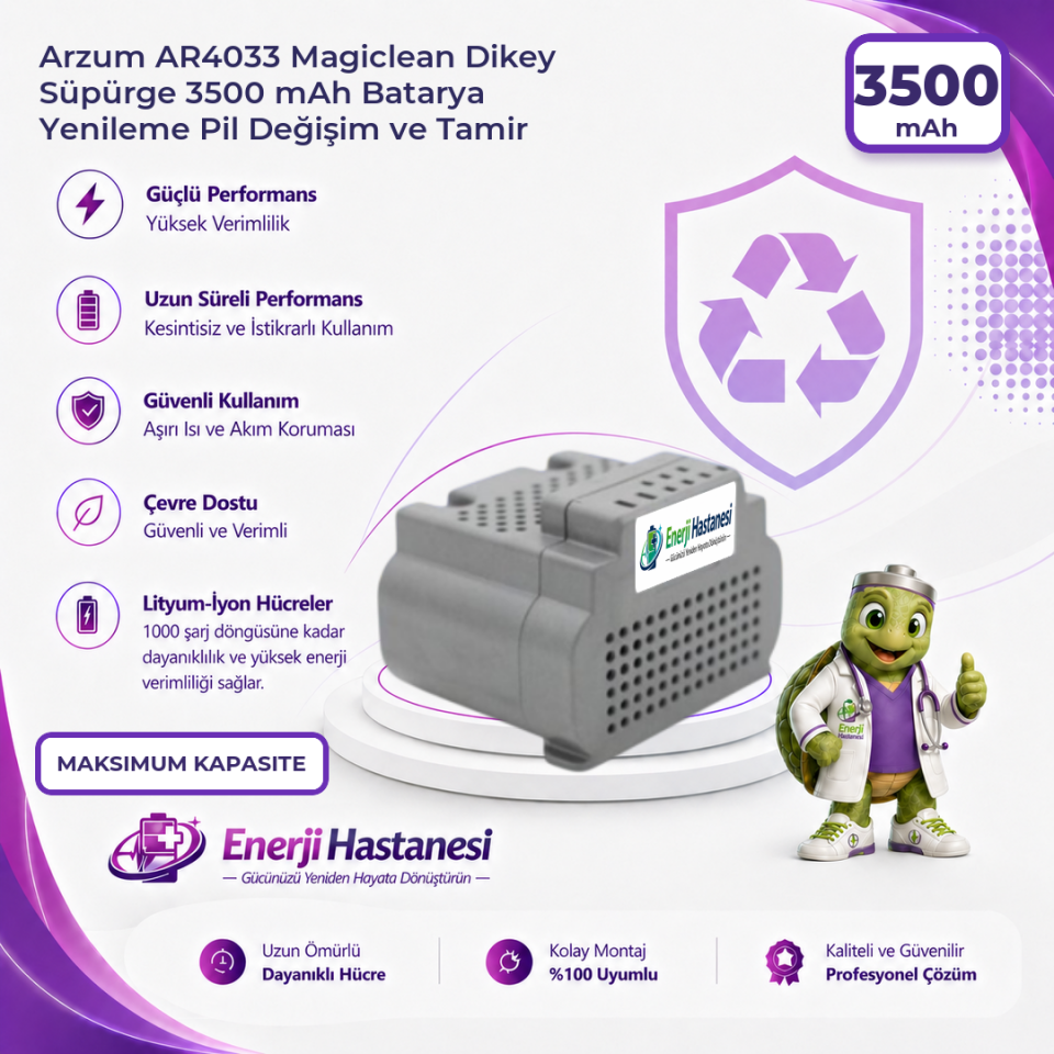 Arzum AR4033 Magiclean Dikey Süpürge 3500 mAh Batarya Yenileme Pil Değişim ve Tamir