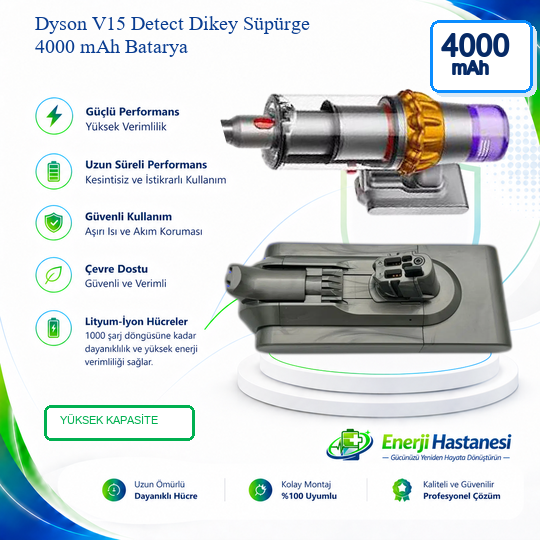 Dyson V15 Detect Dikey Süpürge 4000 mAh Batarya