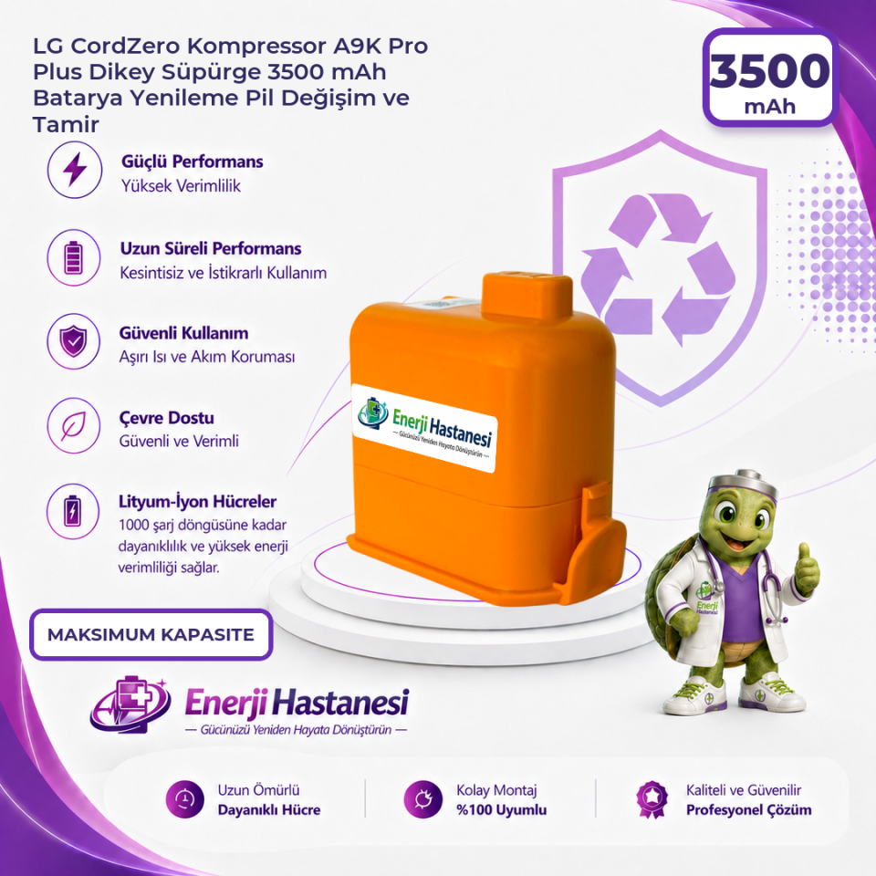 LG CordZero Kompressor A9K Pro Plus Dikey Süpürge 3500 mAh Batarya Yenileme Pil Değişim ve Tamir