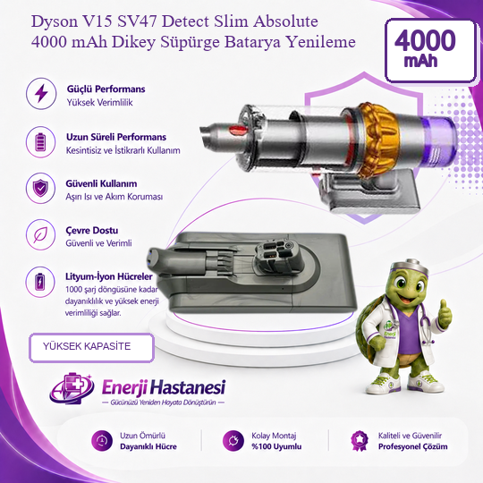 Dyson V15 SV47 Detect Slim Absolute Dikey Süpürge 4000 mAh Batarya Yenileme
