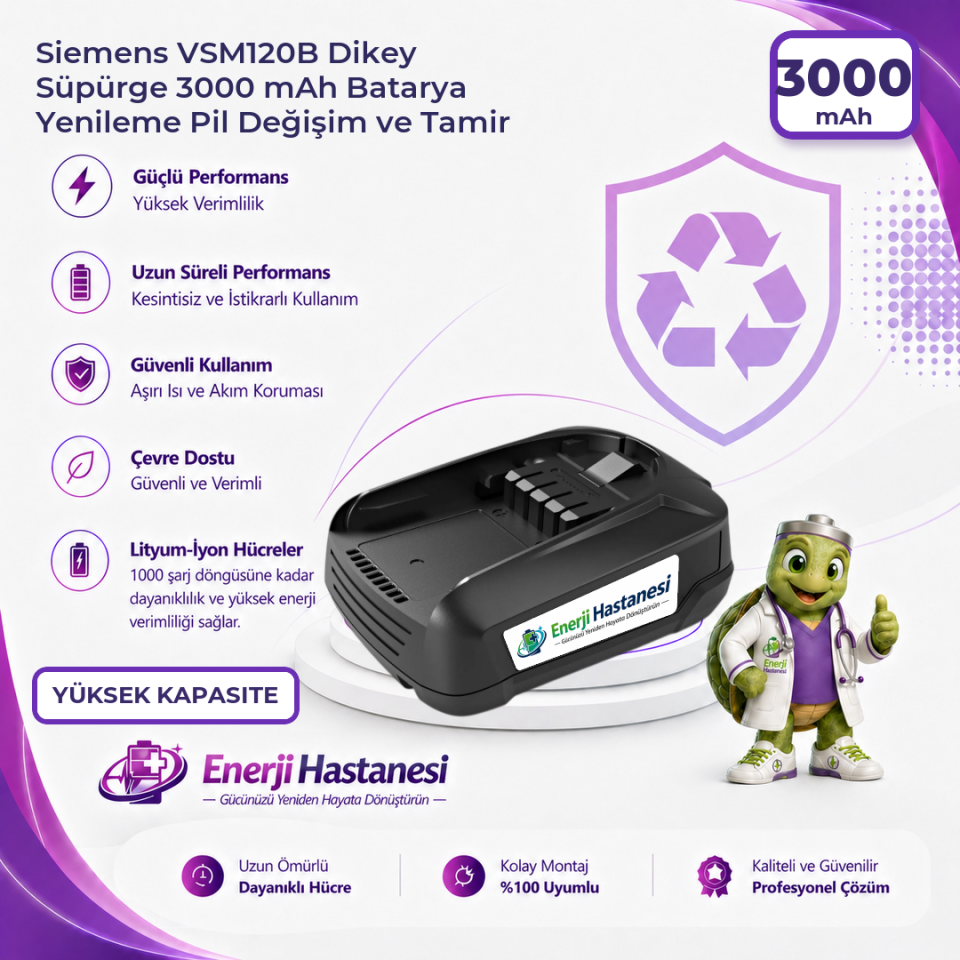 Siemens VSM120B Dikey Süpürge 3000 mAh Batarya Yenileme Pil Değişim ve Tamir