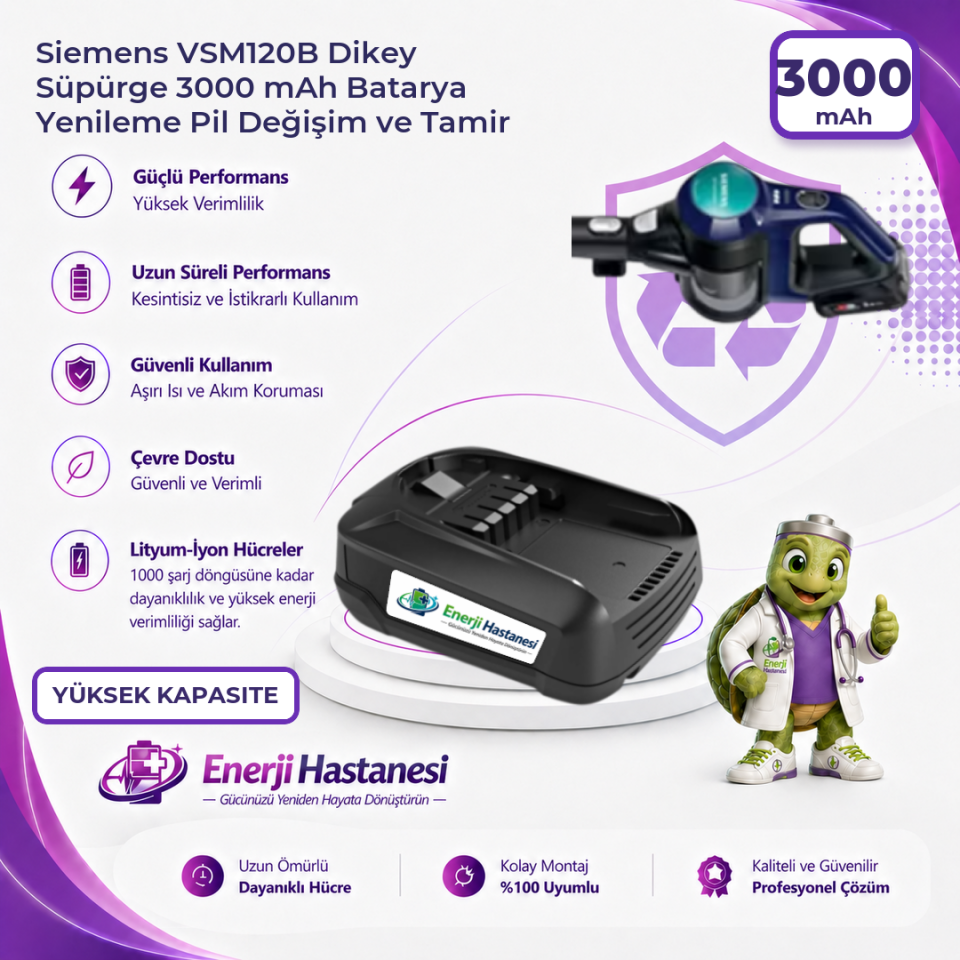 Siemens VSM120B Dikey Süpürge 3000 mAh Batarya Yenileme Pil Değişim ve Tamir