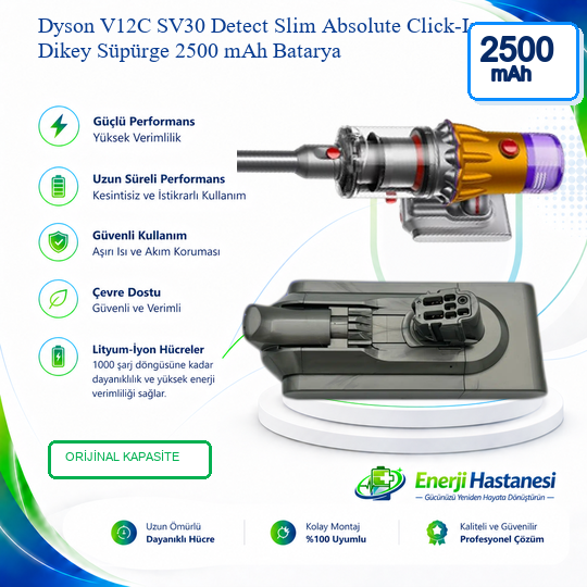 Dyson V12C SV30 Detect Slim Absolute Click-In Dikey Süpürge 2500 mAh Batarya