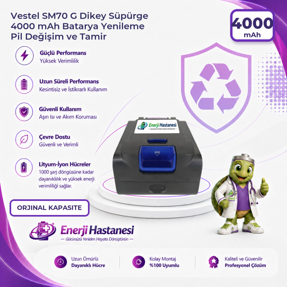 Vestel SM70 G Dikey Süpürge 4000 mAh Batarya Yenileme Pil Değişim ve Tamir
