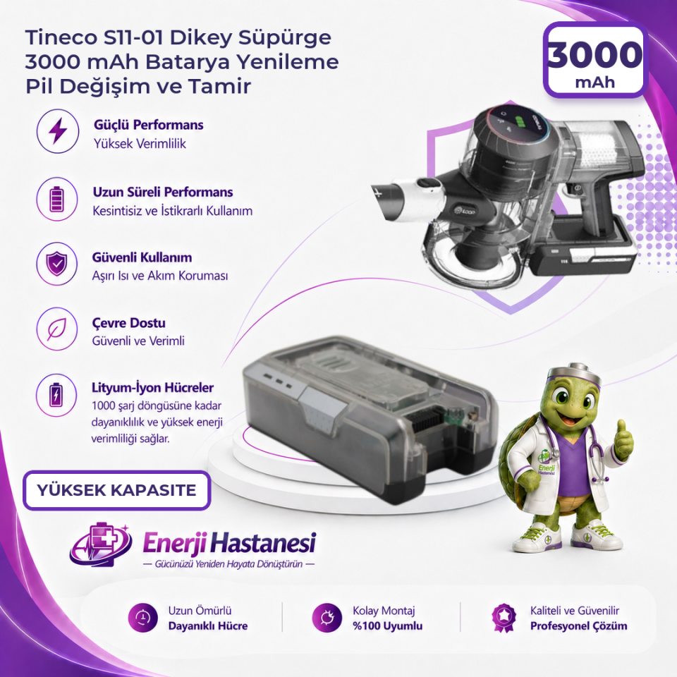 Tineco S11-01 Dikey Süpürge 3000 mAh Batarya Yenileme Pil Değişim ve Tamir