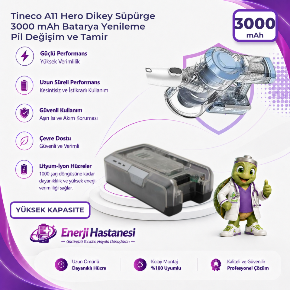Tineco A11 Hero Dikey Süpürge 3000 mAh Batarya Yenileme Pil Değişim ve Tamir