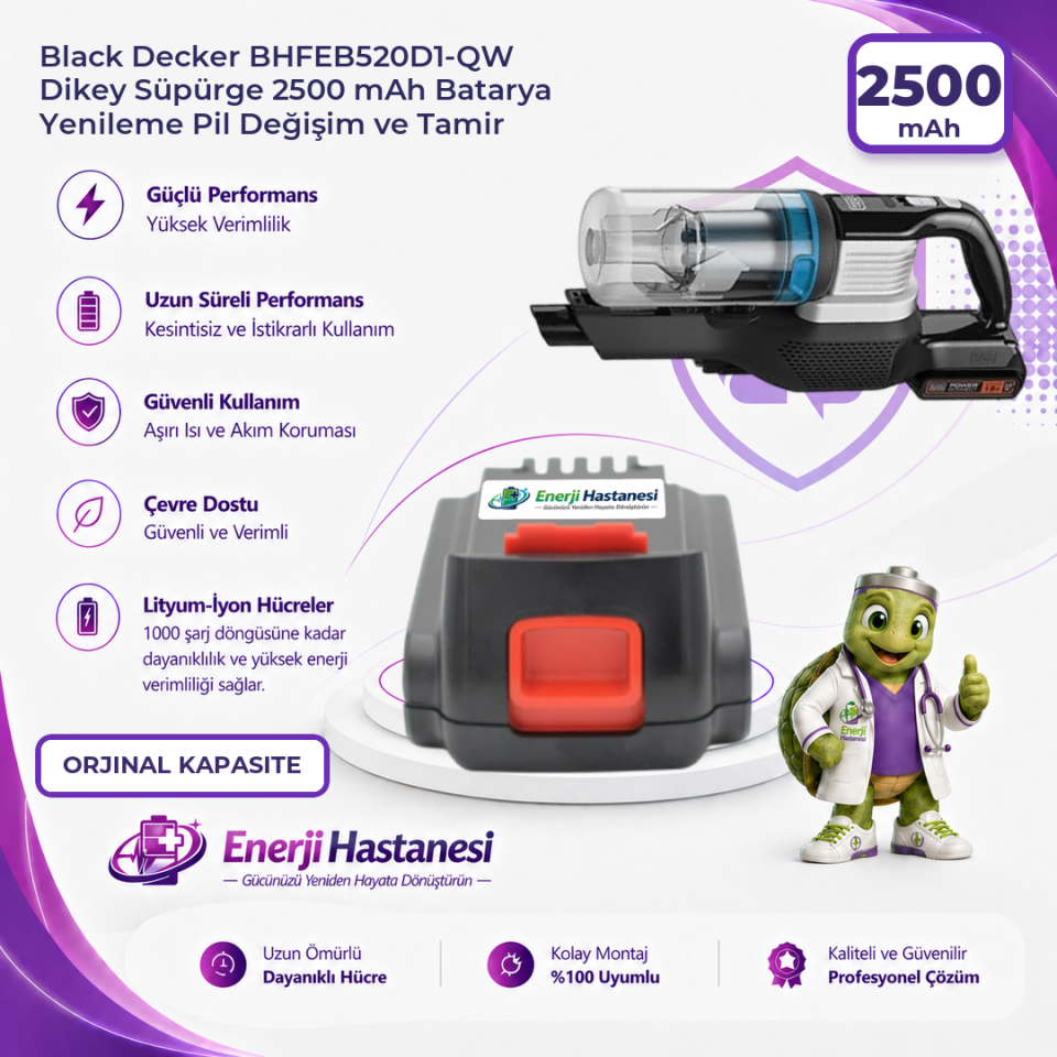 Black Decker BHFEB520D1-QW Dikey Süpürge 2500 mAh Batarya Yenileme Pil Değişim ve Tamir