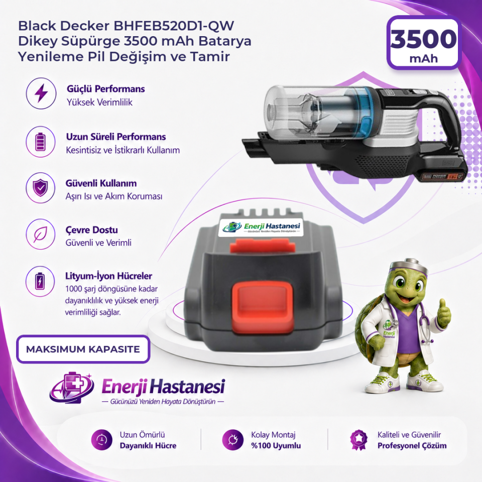Black Decker BHFEB520D1-QW Dikey Süpürge 3500 mAh Batarya Yenileme Pil Değişim ve Tamir