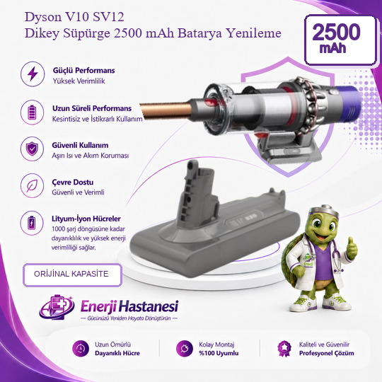 Dyson V10 SV12 Dikey Süpürge 2500 mAh Batarya Yenileme