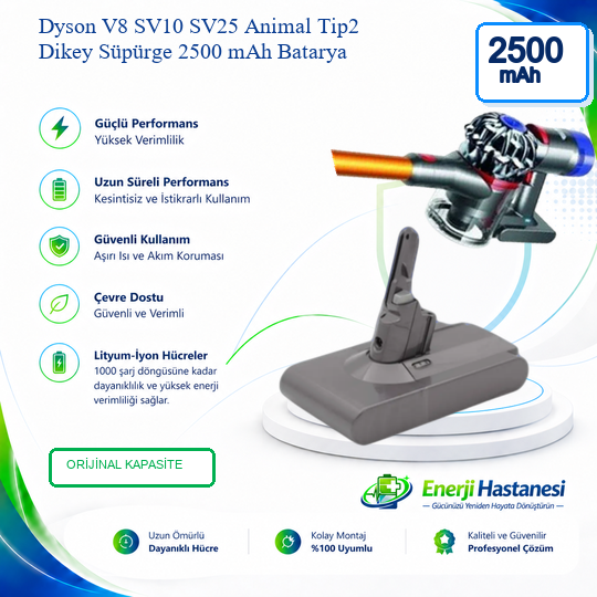 Dyson V8 SV10 SV25 Animal Tip2 Dikey Süpürge 2500 mAh Batarya