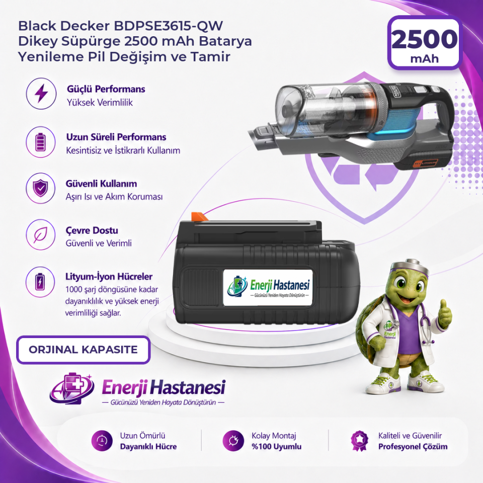 Black Decker BDPSE3615-QW Dikey Süpürge 2500 mAh Batarya Yenileme Pil Değişim ve Tamir