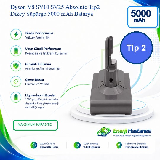 Dyson V8 SV10 SV25 Absolute Tip2 Dikey Süpürge 5000 mAh Batarya