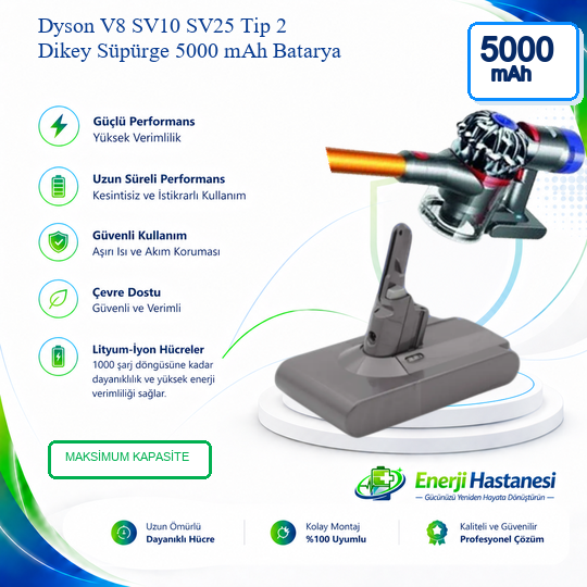 Dyson V8 SV10 SV25 Tip 2 Dikey Süpürge 5000 mAh Batarya