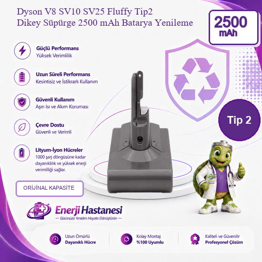 Dyson V8 SV10 SV25 Fluffy Tip2 Dikey Süpürge 2500 mAh Batarya Yenileme