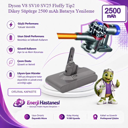 Dyson V8 SV10 SV25 Fluffy Tip2 Dikey Süpürge 2500 mAh Batarya Yenileme