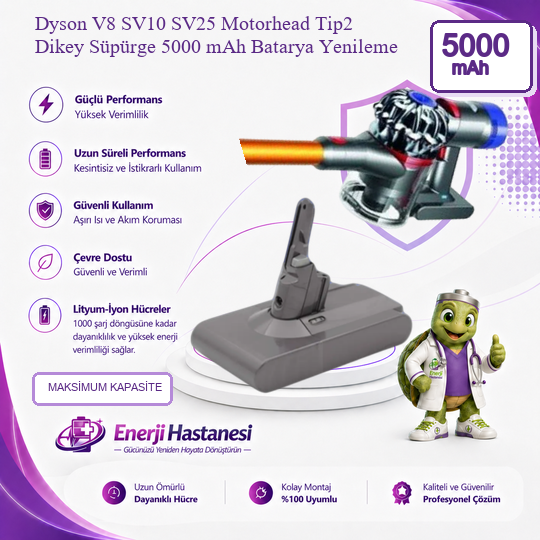Dyson V8 SV10 SV25 Motorhead Tip2 Dikey Süpürge 5000 mAh Batarya Yenileme