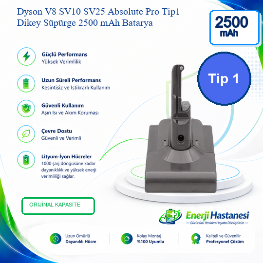 Dyson V8 SV10 SV25 Absolute Pro Tip1 Dikey Süpürge 2500 mAh Batarya