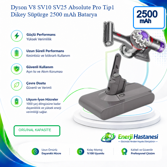 Dyson V8 SV10 SV25 Absolute Pro Tip1 Dikey Süpürge 2500 mAh Batarya