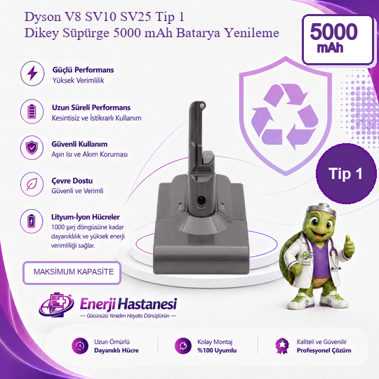 Dyson V8 SV10 SV25 Tip 1 Dikey Süpürge 5000 mAh Batarya Yenileme