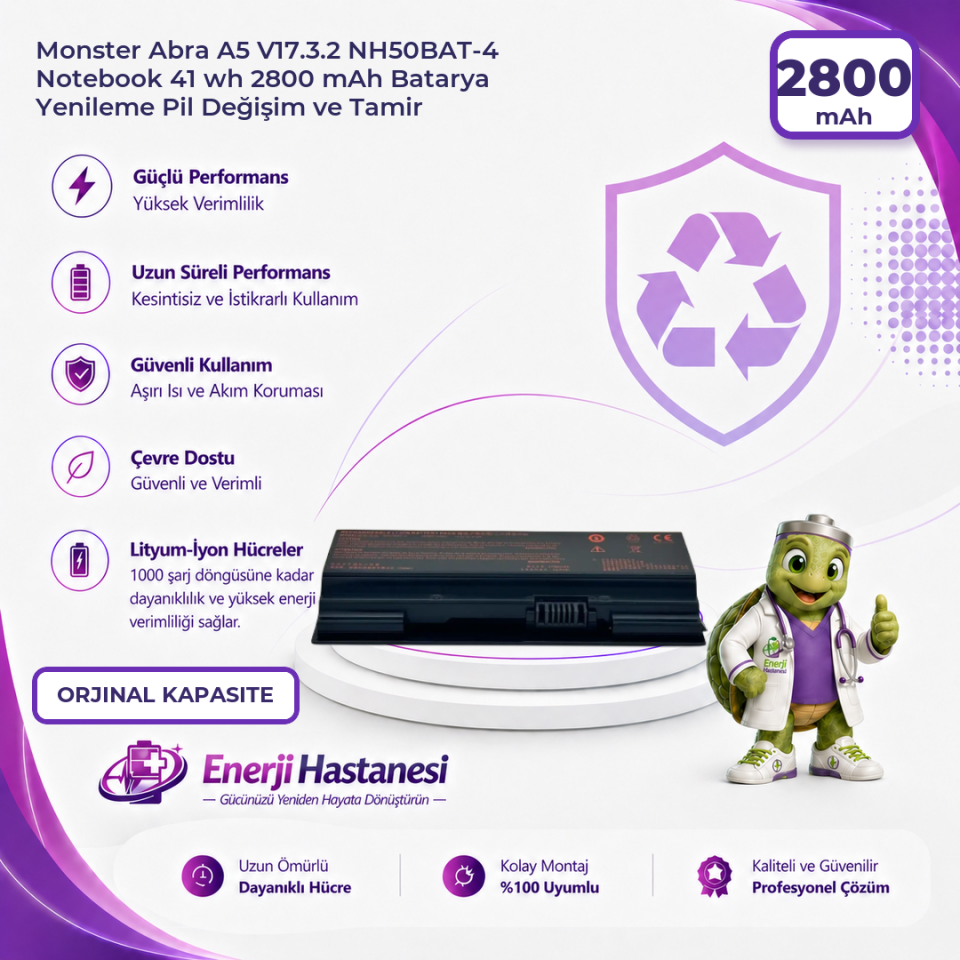 Monster Abra A5 V17.3.2 NH50BAT-4 Notebook 41 wh 2800 mAh Batarya Yenileme Pil Değişim ve Tamir