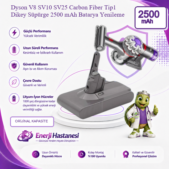 Dyson V8 SV10 SV25 Carbon Fiber Tip1 Dikey Süpürge 2500 mAh Batarya Yenileme