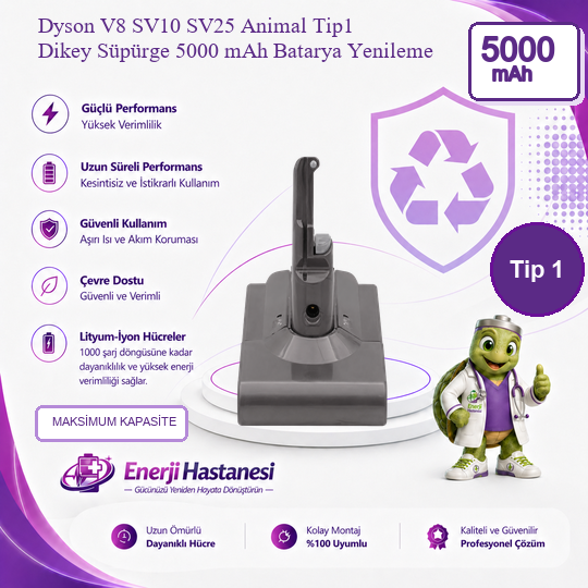 Dyson V8 SV10 SV25 Animal Tip1 Dikey Süpürge 5000 mAh Batarya Yenileme