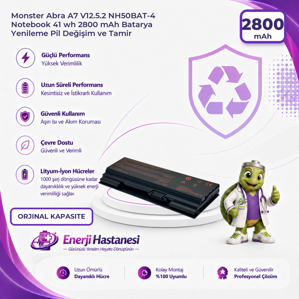 Monster Abra A7 V12.5.2 NH50BAT-4 Notebook 41 wh 2800 mAh Batarya Yenileme Pil Değişim ve Tamir