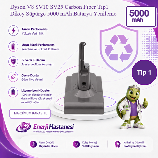 Dyson V8 SV10 SV25 Carbon Fiber Tip1 Dikey Süpürge 5000 mAh Batarya Yenileme