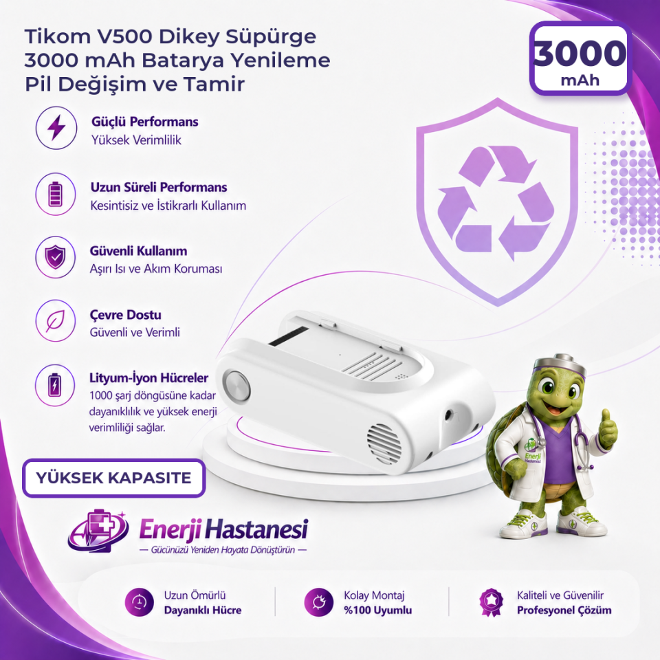 Tikom V500 Dikey Süpürge 3000 mAh Batarya Yenileme Pil Değişim ve Tamir