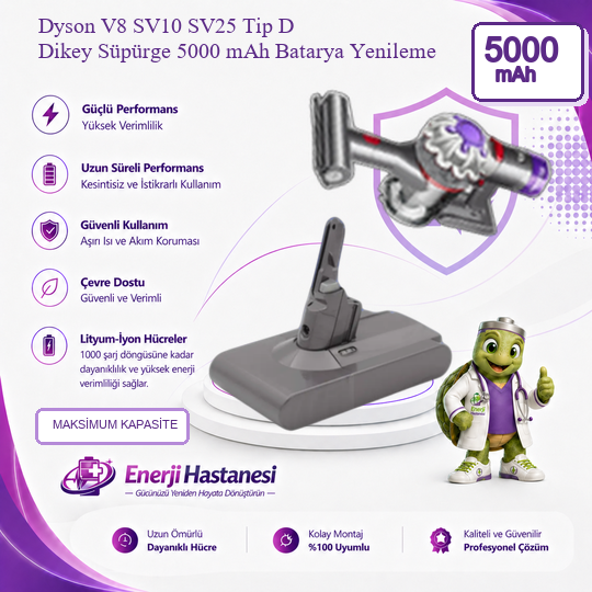 Dyson V8 SV10 SV25 Tip D Dikey Süpürge 5000 mAh Batarya Yenileme