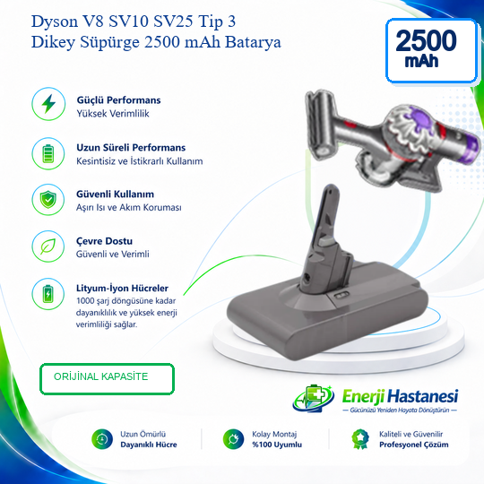 Dyson V8 SV10 SV25 Tip 3 Dikey Süpürge 2500 mAh Batarya