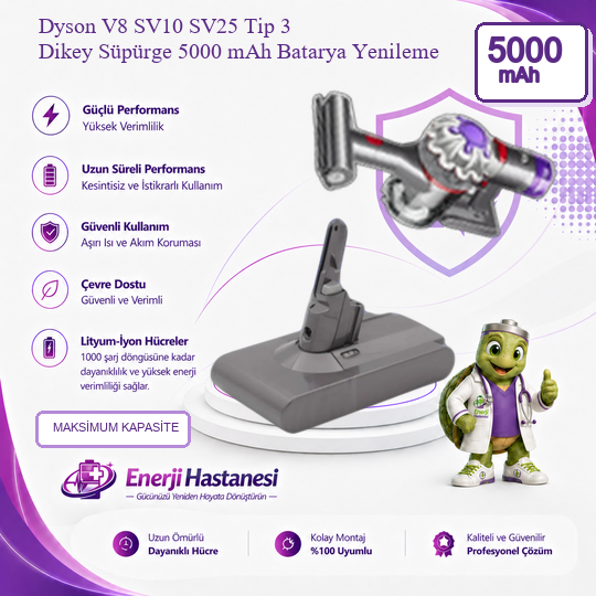Dyson V8 SV10 SV25 Tip 3 Dikey Süpürge 5000 mAh Batarya Yenileme