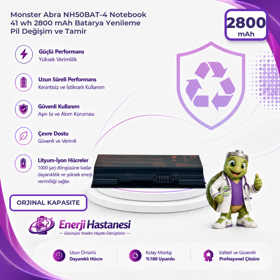 Monster Abra NH50BAT-4 Notebook 41 wh 2800 mAh Batarya Yenileme Pil Değişim ve Tamir